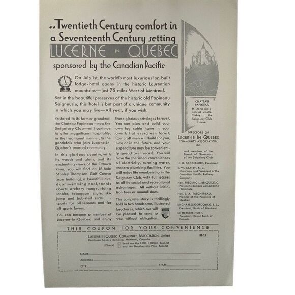 Vintage 1930 Canadian Pacific Lucerne Quebec Ad Advertisment - Picture 2 of 4